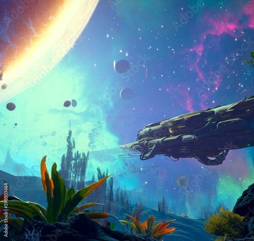 Dise  os de arte digital inspirados en el videojuego Starfield. Los astronautas descubren y exploran nuevos planetas a bordo de sus naves espaciales.