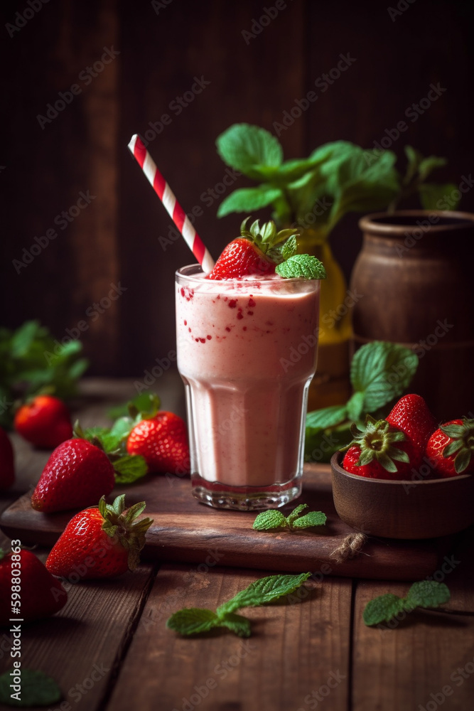 Healthy stawberry and yogurt Shake with mint on the wooden table Healthy stawberry and yogurt Shake with mint on the wooden table