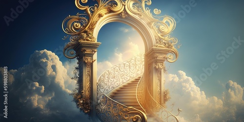 Majestic afterlife heaven gate decorated with ornate gold design. superlative generative AI image. Generative AI photo