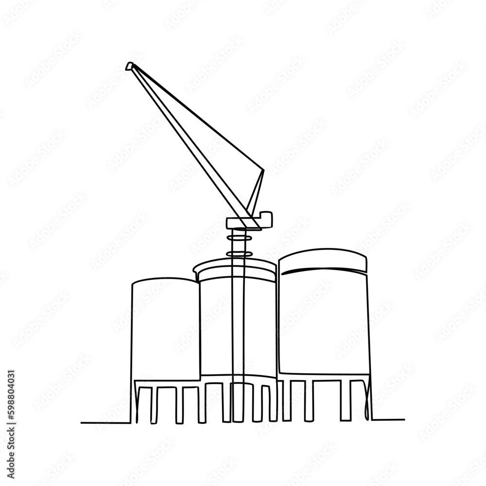 Ash Silo with tower crane at industrial power plant in continuous line art drawing style. design with Minimalist black linear design isolated on white background. Vector illustration Ash Silo with tower crane at industrial power plant in continuous line art drawing style. design with Minimalist black linear design isolated on white background. Vector illustration