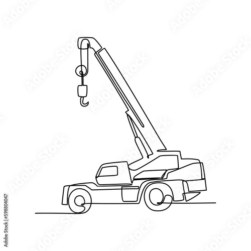 One continuous line drawing of mobile crane in the site project . Construction Project design concept with simple linear style. Construction Project vector design illustration concept