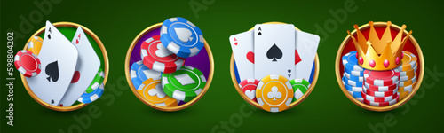 Gamble casino poker card and chip roulette design. Isolated money icon with crown and ace circle Vegas ui concept. Lucky win gambling illustration template for online club tournament concept.