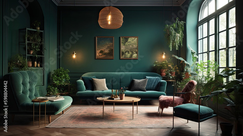 Elegant and modern living room design decorated in green tones © ttonaorh