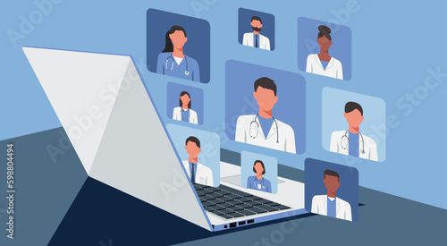 online doctor medical consultation meeting on laptop computer concept, vector flat illustration