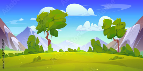 Mountain valley landscape with green meadow and clouds in sky. Summer nature scene of rocks, trees, bushes and lawn with green grass, vector cartoon illustration