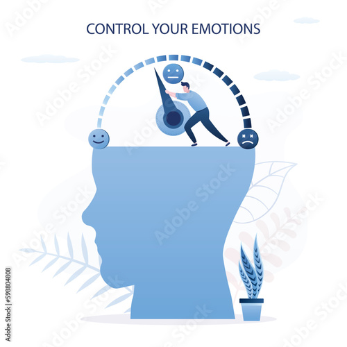 Control your emotion, psychologist help reduce stress and anxiety level, exhausted and fatigue from work causing depressed and mental illness concept, human head open, measurement scale.