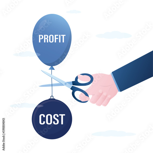 Businessman hand uses scissors to cut heavy cost burden and let profit run. Money saving. Cost reduction, cut expense to increase profit, improve business profitability by reduce spending.