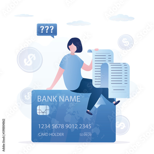 High repayments on credit card. Loan burden, financial problems, credit card billing report. Woman borrower confused about how to pay too many credit bills.