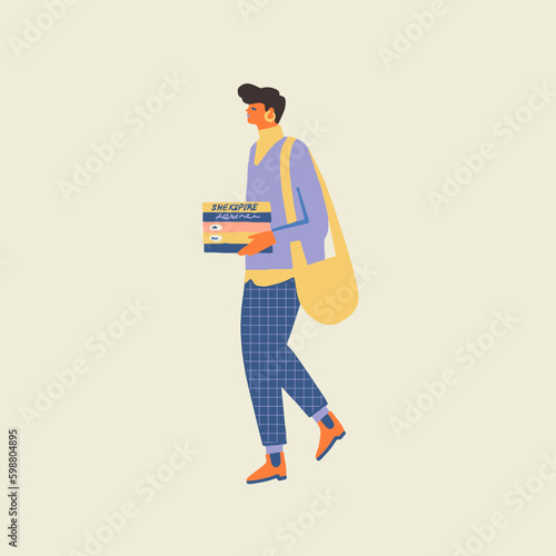 Young women student carrying bunch of books from the library or book store. Vector illustration Generative AI