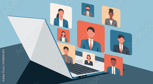 business people connecting together, meeting online with teleconference, video conference remote working on laptop computer, work from home and anywhere concept, vector flat illustration