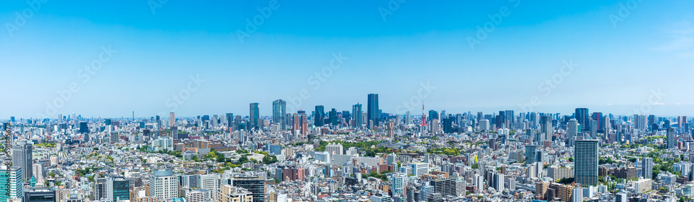 (東京都-風景パノラマ)青空の東京都市風景１