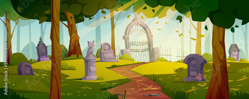 Pet funeral on cemetery in forest vector landscape. Graveyard for dead cat and dog with green grass and sunlight in summer panoramic background. 2d memorial headstone and gate scene with nobody