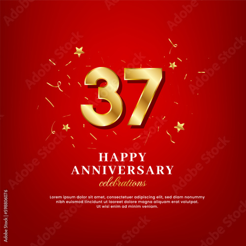 37 years of golden numbers, anniversary celebrating text, and anniversary congratulation text with golden confetti spread on a red background © mirvan