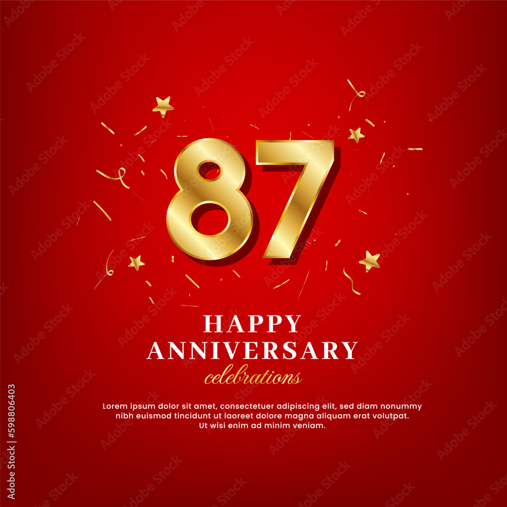 87 years of golden numbers, anniversary celebrating text, and anniversary congratulation text with golden confetti spread on a red background