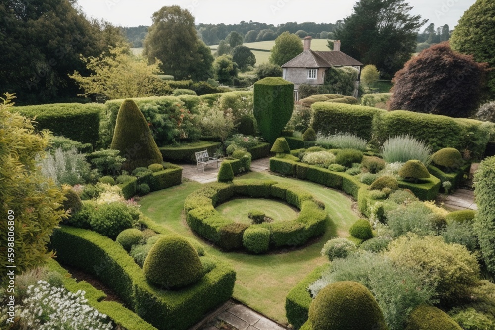 Beautiful English style garden with hedges, & symmetrical type design