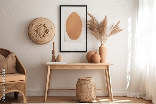 A mockup frame set in a beige room decorated in Scandi Boho style offers a trendy and cozy space for showcasing art or photography photo
