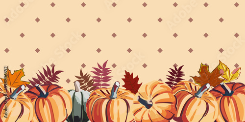 Autumn leaves and pumpkins border frame with space text. Seasonal floral maple oak tree orange leaves with gourds for thanksgiving holiday, harvest decoration vector design.
