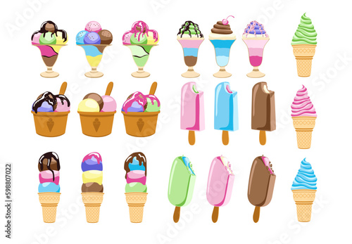 Collection of various multicolored ice cream icons. Vector illustration isolated on white background