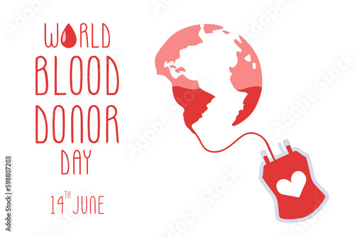World blood donor day. Words and a bag with tubes and a label. Postcard, banner.Vector design. Color urasky, black