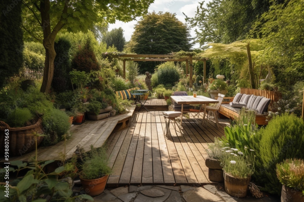 Beautiful wooden terrace with garden furniture surrounded by greenery on a warm, summer day Beautiful wooden terrace with garden furniture surrounded by greenery on a warm, summer day