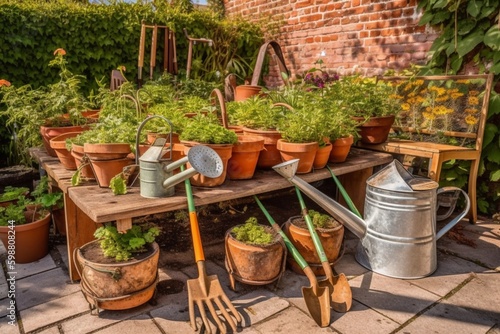 Gardening - Set Of Tools For Gardener And Flowerpots In Sunny Garden