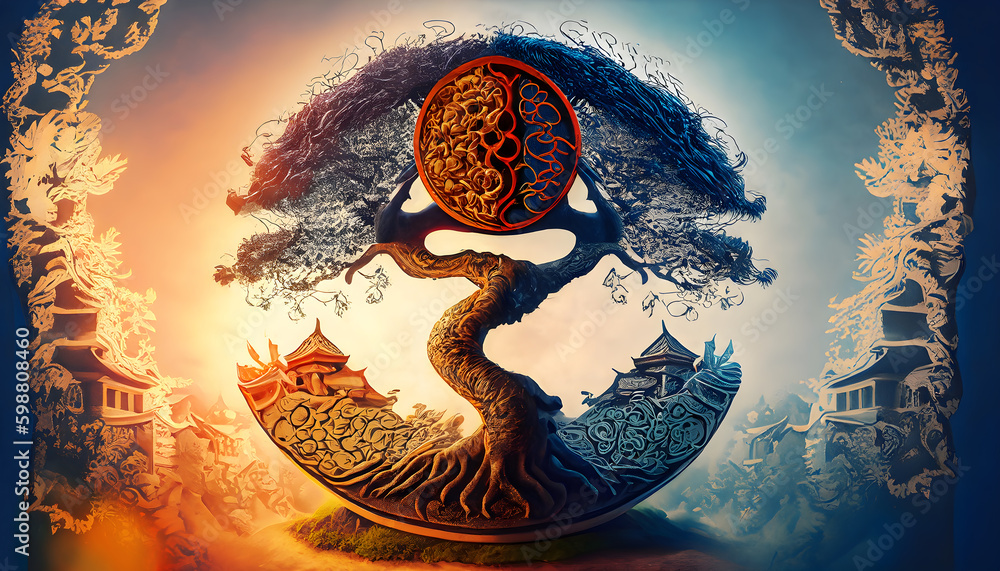 Illustration of Ying yang of balance Yggdrasil tree of life Norse