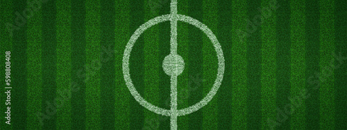 Top view of realistic soccer pitch center. Vector illustration of white lines and circle drawn on green grass in middle of football field. Turf texture background. Place for sports match, competition
