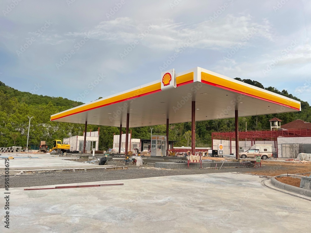 Construction of new Shell filling station. Gas station. Process of