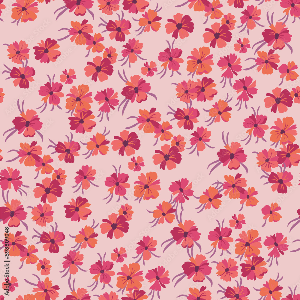 Vector seamless pattern with stylized floral motif, lots of small red flowers with purple leaves on a pink background. Hand-drawn little flowers.