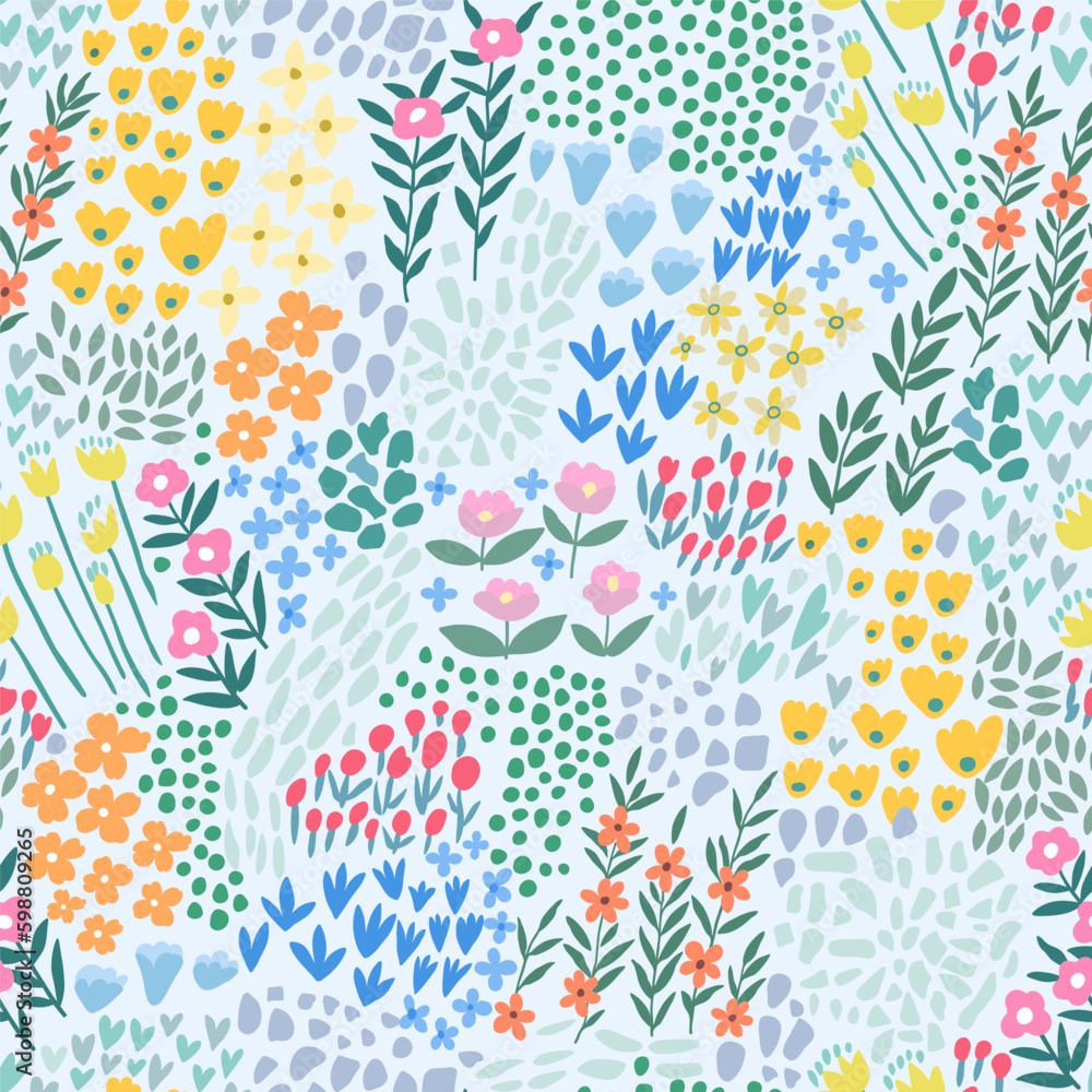 A pattern of abstract bright spring and summer flowers on a light blue background. A pattern of abstract bright spring and summer flowers on a light blue background.