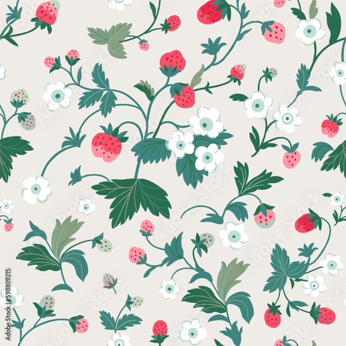 Strawberry background with flowers, wild berries, leaves. Vector seamless texture, illustration for summer cover, botanical wallpaper pattern, light beige background.