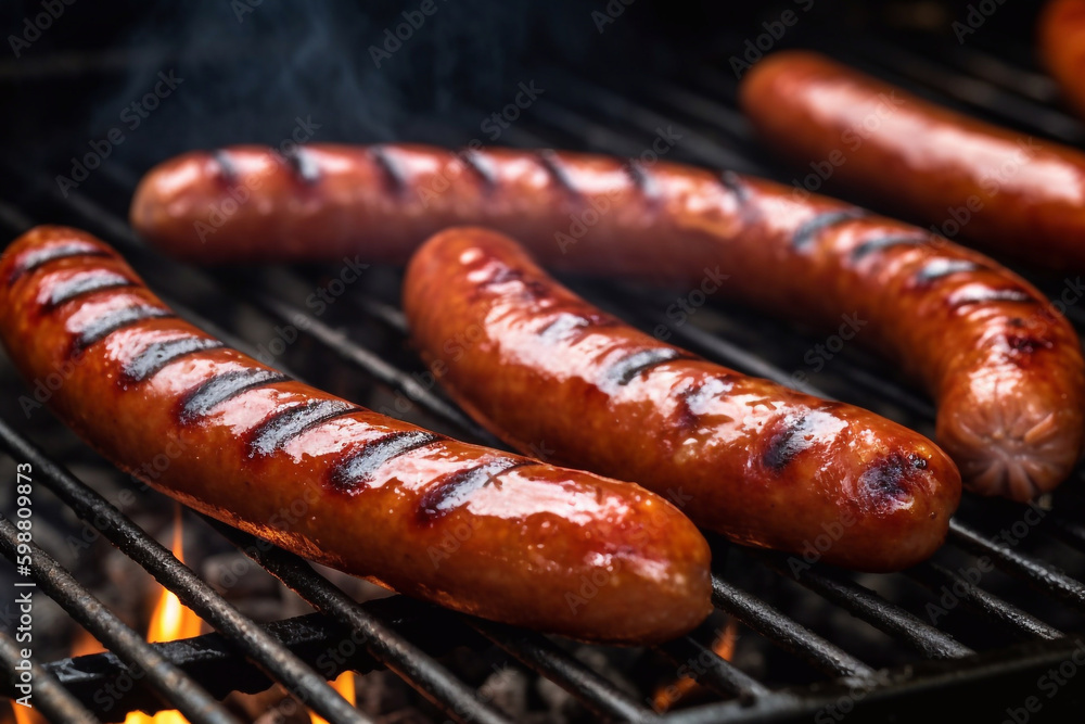 Grilled sausages. Hot grill with fire. AI Generated Grilled sausages. Hot grill with fire. AI Generated