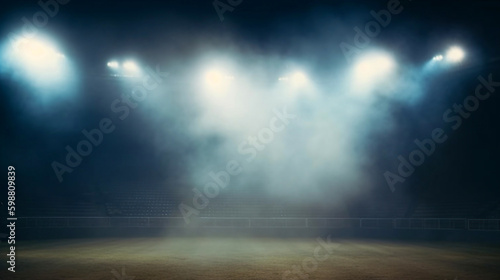 Bright stadium arena lights and smoke in dark