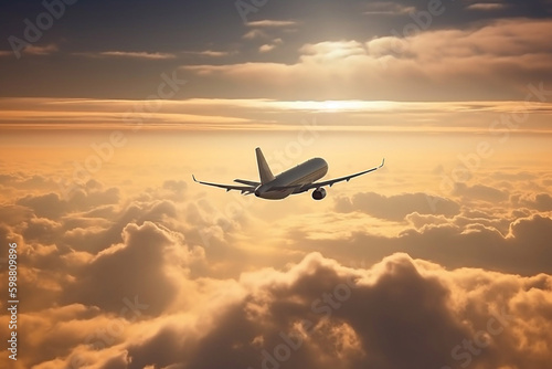 passenger plane flies in a beautiful dramatic sky. sunset sky with clouds. AI Generated