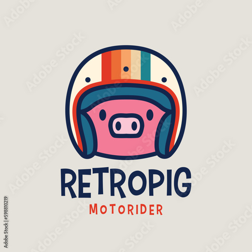 Pig Piggy Helmet Retro Moto Rider Cartoon Mascot Character Logo Vector Icon Illustration