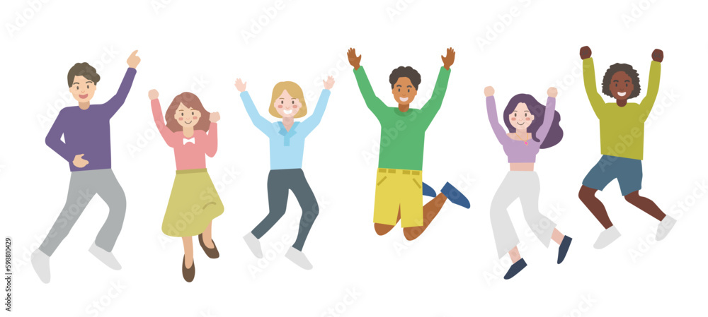 People happy jumping set. Young funny teens large group guy, girl, jumping together joy lifestyle celebration victory team smiling students celebrates success. 