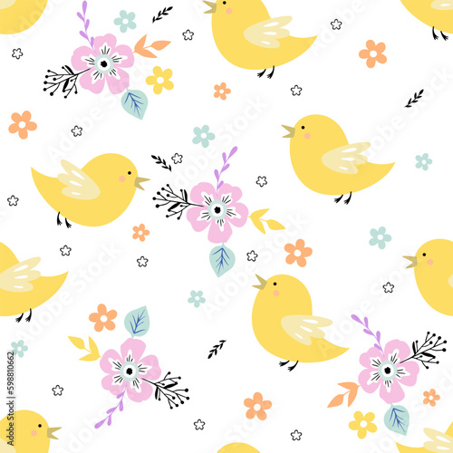 Cute yellow birds with delicate flowers