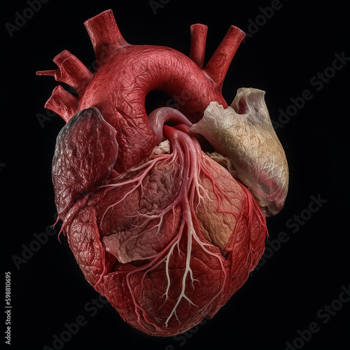 Realistic human heart isolated on dark background. Human anatomy. Venous system. Generative AI