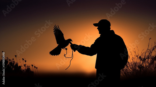 A man holding a bird in front of a sunset, silhouette birds lover concept. Generative AI