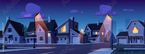 Cartoon suburban town street at night. Vector illustration of residential neighborhood with private houses, crossroad illuminated by lanterns, cozy yellow light in windows, starry midnight sky