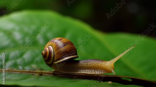 A snail on a green leaf. Close-up macro photography. Generative AI