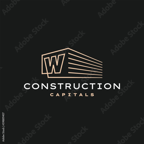 W Letter Construction 3D Perspective Gold Outline Logo Vector Icon Illustration