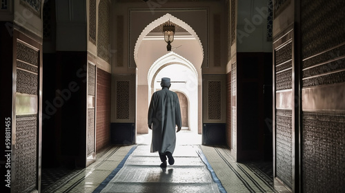 An Old Man Inside a Mosque Going for Prayer. Generative AI