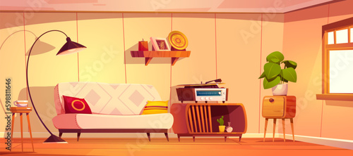 Retro style living room interior design. Vector cartoon illustration of light 80s apartment furnished with vintage couch  color cushions  floor lamp  old vinyl record player on wooden table. Cozy home