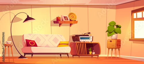 Retro style living room interior design. Vector cartoon illustration of light 80s apartment furnished with vintage couch, color cushions, floor lamp, old vinyl record player on wooden table. Cozy home