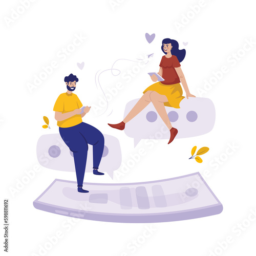 Cute couple on dating chat online flat illustration