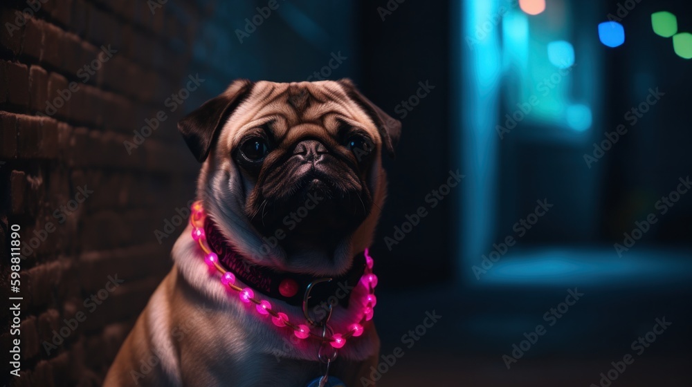 Adorably grumpy bouncer pug dog with large glowing chain necklace keeping watch at alleyway entrance, cool and edgy alternative canine pet portrait, cool blue nightclub backlight - Generative Ai