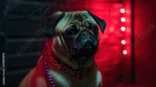 Adorably grumpy bouncer pug dog with large chain necklace keeping watch in alleyway, cool and edgy alternative canine pet portrait, red nightclub backlight - Generative Ai