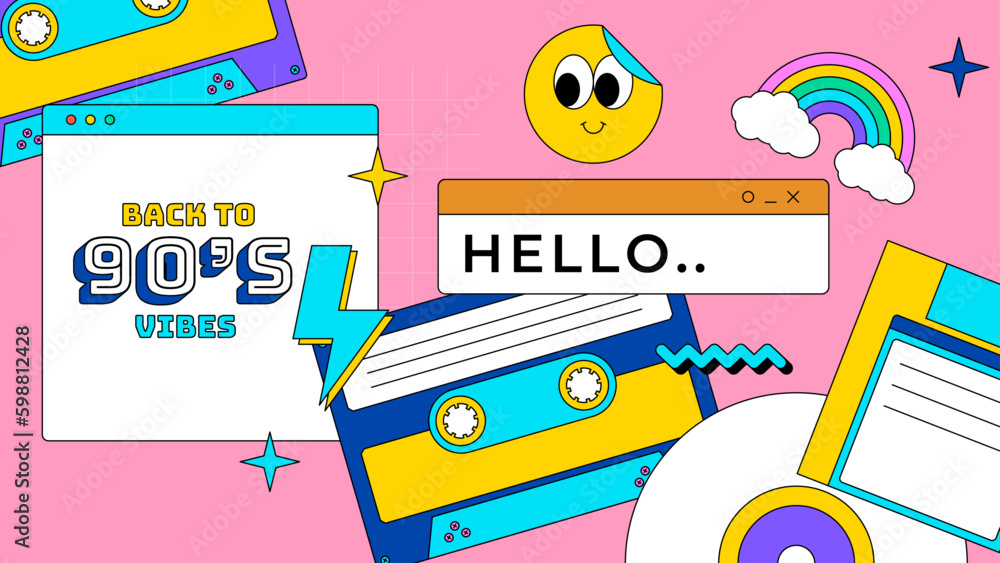 Naklejka premium vector hand drawn flat nostalgic 90's badges collection