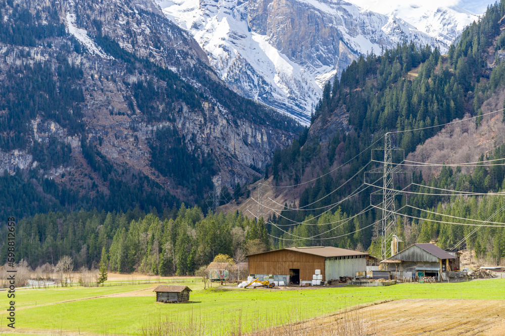 Farm view in Kandersteg, Swizerland. On 2 April, 2023. Farm view in Kandersteg, Swizerland. On 2 April, 2023.